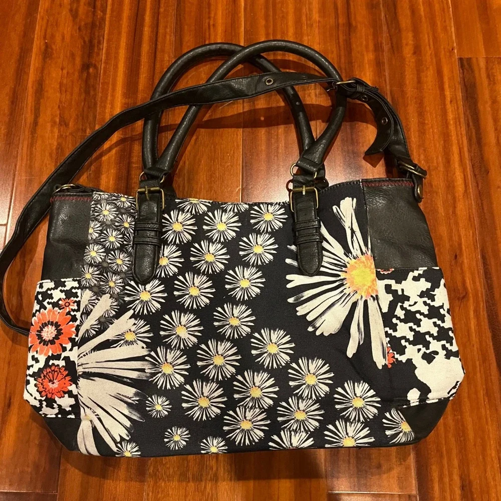 Desigual Tote‎ Bag Purse Set Patchwork Graffiti Daisy Zebra Pouch Black Multi